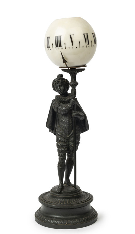 French night light figural clock, cast spelter with painted glass revolving dial, 19th century, 44cm high