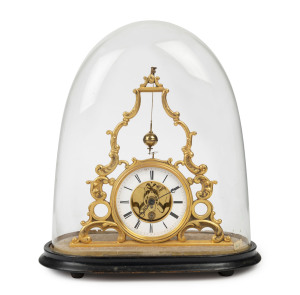 Exhibition Clock; French novelty clock driven by a conical pendulum housed in original glass dome, circa 1872, exhibited at the Intercolonial Exhibition, Sydney, Australia in 1872. 37cm high