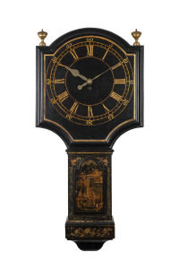 TAVERN CLOCK or Act of Parliament clock, chinoiserie case on oak, England, mid 18th century. 8 day weight driven movement with long pendulum beating true seconds. These large and very accurate clocks were produced from the 1730s onwards and were placed in