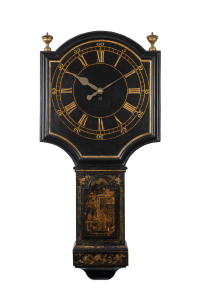 TAVERN CLOCK or Act of Parliament clock, chinoiserie case on oak, England, mid 18th century. 8 day weight driven movement with long pendulum beating true seconds. These large and very accurate clocks were produced from the 1730s onwards and were placed in taverns and Inns throughout Britain. Often referred to as Act Of Parliament Clocks, in 1797 the British Government levied a yearly tax of 5 shillings on all clocks. The unpopular tax was repealed a year later. In the 20th century it was often b