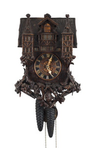 PHILIPP HAAS & SOHN Black Forest chalet hanging cuckoo clock with mirrored windows, 19th century, 47cm high