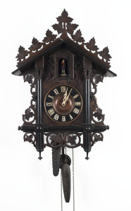 EMILIAN WEHRLE Black Forest 3 horn Trumpeter Tyrolean hanging clock, circa 1860, 68cm high