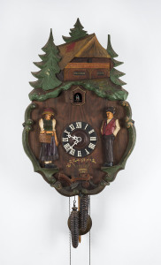 Swiss cuckoo hanging clock in carved and painted timber case, circa 1900, ​84cm high