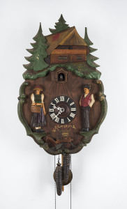 Swiss cuckoo hanging clock in carved and painted timber case, circa 1900, 84cm high