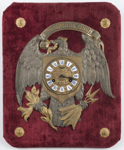ANSONIA "Pluribus" gilt bronze plush mounted American Eagle wall clock emblazoned "E PLURIBUS UNUM", circa 1886, 35cm high