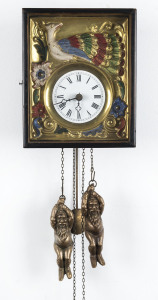 Swiss time and strike wall clock with painted pressed metal face and gnome weights, 19th century, 45cm high