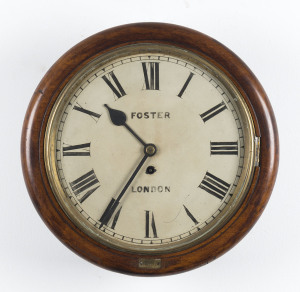 STATION CLOCK English fusee movement in mahogany case, 19th century, railway plaque number 657 with matching pendulum number. 40cm diameter