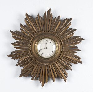 French sunburst 8 day wall clock in carved gilt wood case, late 19th century, ​36cm diameter