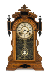 ANSONIA "Sydney", 8 day time and strike mantel clock, original cameo portrait pendulum with ash with black trim case, circa 1882, 56.5cm