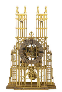 Gothic architectural skeleton clock with twin train fusee movement, early 20th century, 56cm high