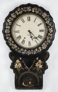 NEW HAVEN Wall clock with mother of pearl and black papier mache case painted with dog portrait, 19th century, 82cm high