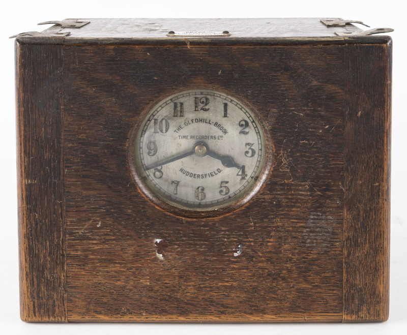 GLEDHILL BROOK Time Recorder clock in oak case with makers plaque, circa 1920, ​case 21cm high, 30cm wide, 25cm deep