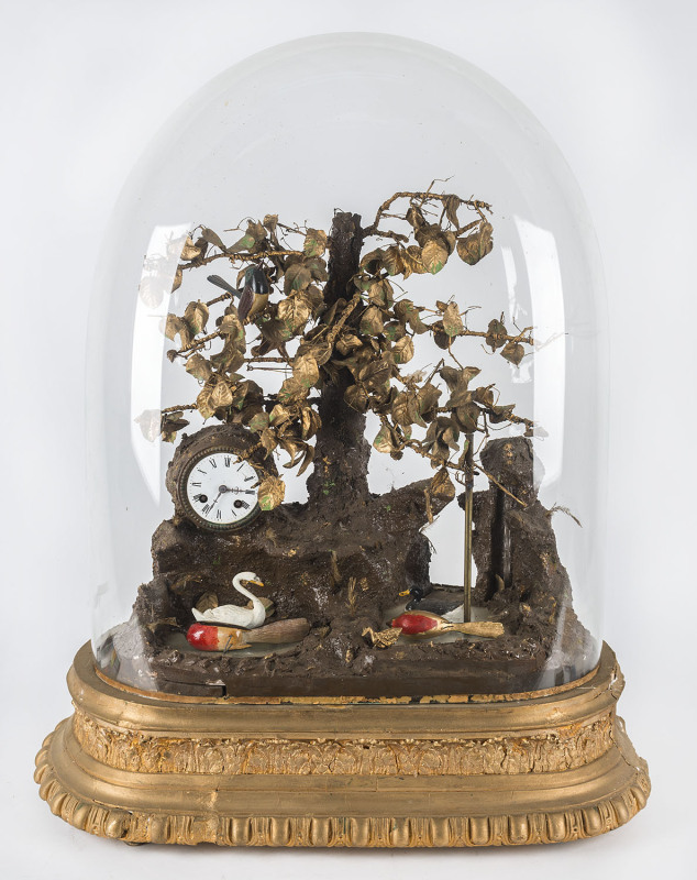 A French automaton clock in glass dome on gilded base, circa 1880, adorned with flying birds, full whistler, swimming swans and duck, water fountain and time and strike timepiece. This is one of three such timepieces imported by Bromley Jewellers of Yass,