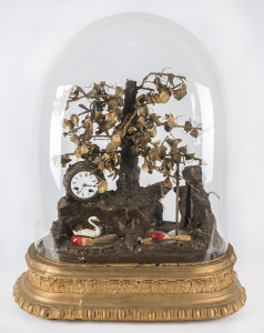 A French automaton clock in glass dome on gilded base, circa 1880, adorned with flying birds, full whistler, swimming swans and duck, water fountain and time and strike timepiece. This is one of three such timepieces imported by Bromley Jewellers of Yass,