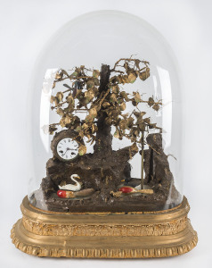 A French automaton clock in glass dome on gilded base, circa 1880, adorned with flying birds, full whistler, swimming swans and duck, water fountain and time and strike timepiece. This is one of three such timepieces imported by Bromley Jewellers of Yass, N.S.W. in the 1880's. This example was purchased by a pastoral family in the Gundagai region of N.S.W. and later donated to the local Historical Society and Museum where sadly some unfortunate restorations were carried out. Maker's plaque missi