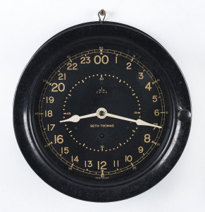 SETH THOMAS 24 hour wall clock used by the Armed Forces, phenolic (bakelite) case, circa 1930s, engraved on reverse "Liverpool Airfield", 27cm diameter