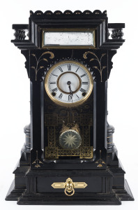F. KROEBER "Lehigh" 8 day shelf clock with porcelain dial, mirrored pendulum, original glass and ebonized case, circa 1879, 52cm high