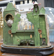 A French glass cased automaton mantel clock with handpainted dome, late 19th century, village scene with figures, clock tower and windmill, music box with timepiece, 51cm high - 3