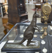 KANGAROO Mystery clock by Junghans, German, late 19th early 20th century, 8 day brass cased time piece supported on a bronze kangaroo figure mounted on timber base, 31cm high - 2