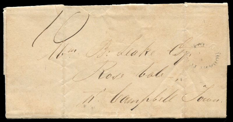 TASMANIA - Postal History: 1832 (Aug.10) Hobart to Campbell Town entire showing the latest known date of the oval "HOBART TOWN/V.D.L" handstamp, the letter rated at 10d under the 1828 Act for a single letter carried between 70 and 80 miles. Ex John Cress