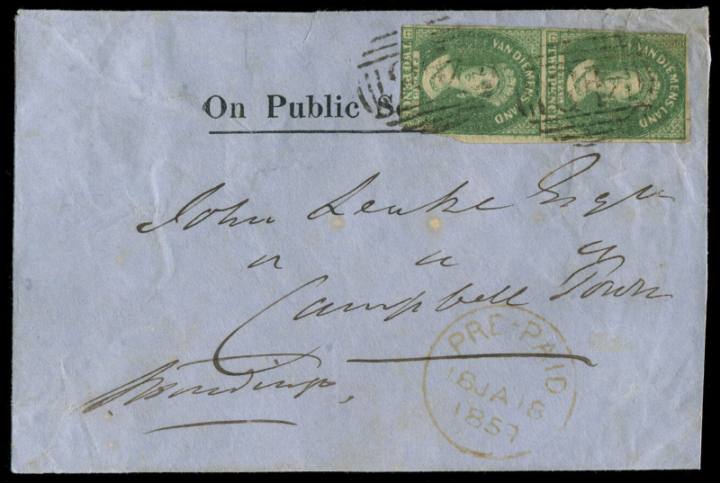 TASMANIA - Postal History: 1859 (Jan.16) "On Public Service Only" cover to Campbell Town with imperf 2d pair SG.31 tied by First Allocation BN '46' cancels of New Town (Rated 4R). This cover was sent between 1st Jan. and 30th Sept 1859 when the Governmen