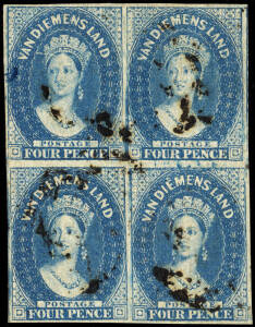1857-69 (SG.37) 4d Blue Chalon numeral watermark; a fine four margined block with light indistinct BN cancel. Fresh appearance.