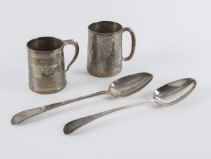 Two Georgian sterling silver tablespoons and two sterling silver christening mugs, 305 grams total