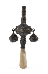 A silver baby rattle with shell handle, 19th century, 8cm high