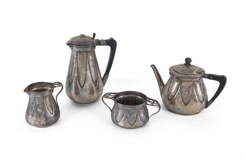 Arts and Crafts four piece tea service, hand beaten silver plated copper, circa 1900, the water pot 21cm high