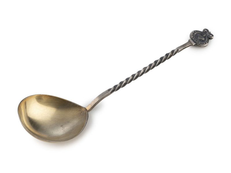 A Soviet Russian silver spoon with remains of original gilding, 20th century, stamped "916" with hammer and sickle in a star. 19.5cm long, 55 grams