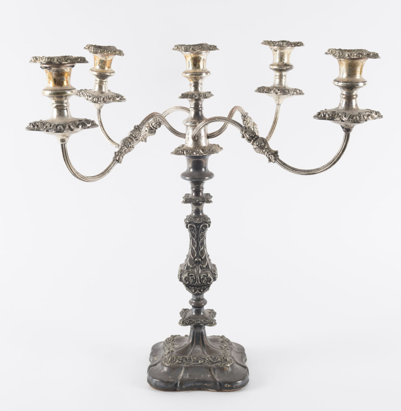 A silver plated five branch candelabra, 20th century, 49cm high