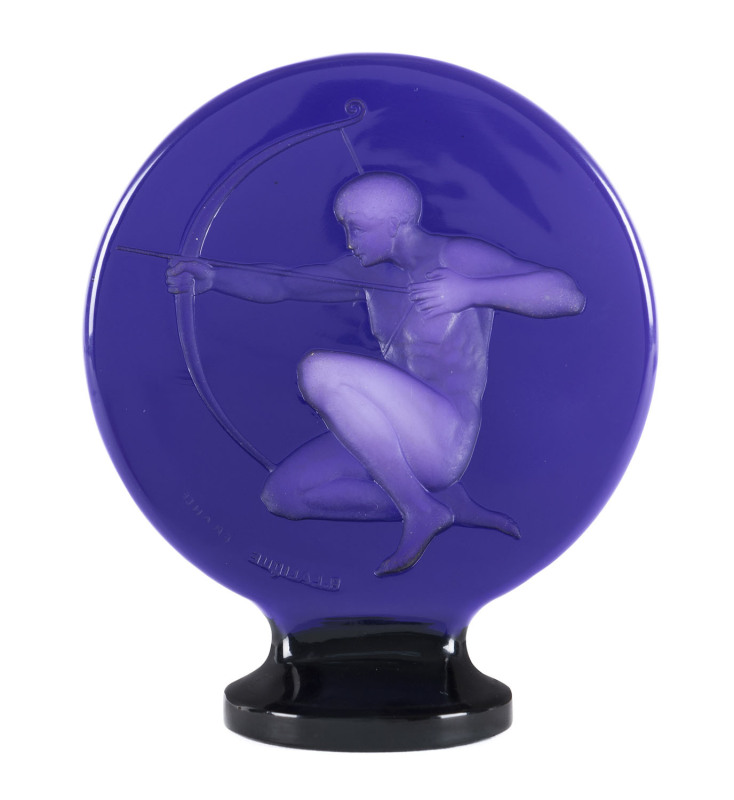 LALIQUE "Archer" car mascot in violet glass, French, designed in 1928, stamped "R. Lalique, France", 12.5cm high