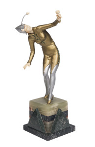 An Art Deco bronze and ivory figure of a dancer, 20th century base signed "Ferdinand Preiss" 41cm high