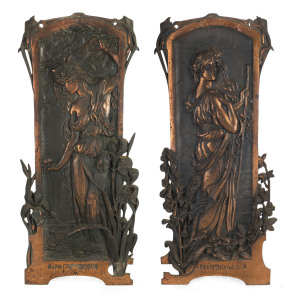 A pair of French Art Nouveau plaques with original copper patination, late 19th century, the images based on drawings by Elisabeth Sonrel, "Fleurs de Montagne" and "Fleurs de Eaux", 54 x 22.5cm