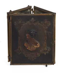 An Art Nouveau traveling tri-fold dressing mirror, gilt metal frame with embossed leather portrait back, circa 1890, 28 x 68cm