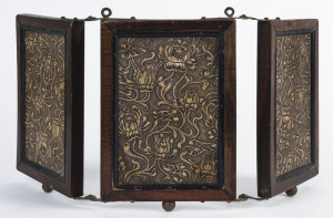 A traveling tri-fold dressing mirror, walnut and brass with embossed leather back, circa 1890, 18 x 43cm