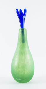 KOSTA BODA green glass vase with blue top, Sweden, late 20th century, original label "Kosta Boda, Since 1742", 28cm high