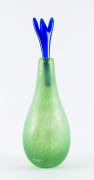 KOSTA BODA green glass vase with blue top, Sweden, late 20th century, original label "Kosta Boda, Since 1742", 28cm high