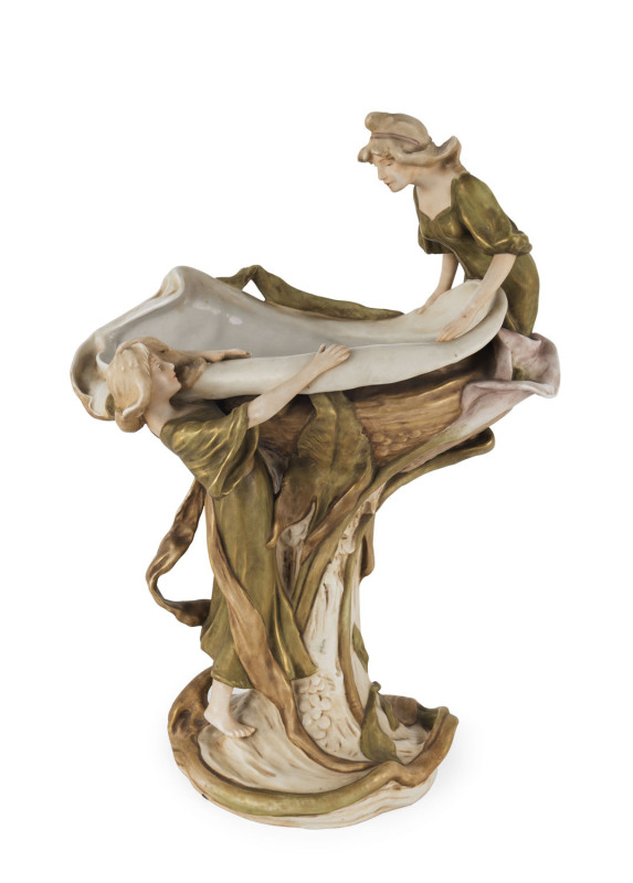 ROYAL DUX Austrian Art Nouveau porcelain figural vase, early 20th century, pink triangle mark "Royal Dux, Bohemia", 44cm high