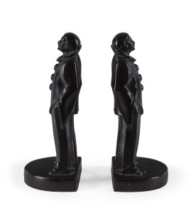 A pair of American Art Deco firgural bookends, bronze patinated spelter, circa 1920s, 17cm high