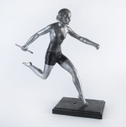 An Art Deco cast metal statue of the baton relay runner, mid 20th century, 43cm high