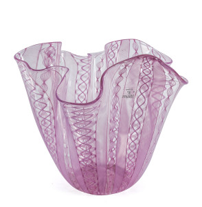 VENINI Murano pink latticino glass handkerchief vase, Italian, circa 1981, engraved "Venini, Italia, '81", 27cm high, 34cm across