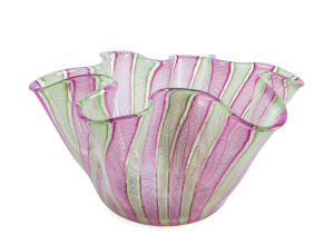 VENINI Murano pink and green latticino glass handkerchief vase, Italian, circa 1960s, 27cm high, 34cm across