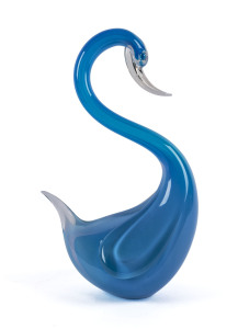 ARCHIMEDE SEGUSO Murano blue glass swan statue with original foil label, circa 1960, 35cm high