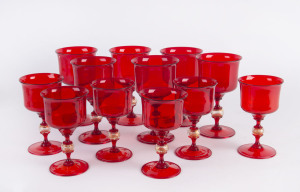 Set of 12 Italian Murano glasses, ruby with gold inclusions, circa 1950, the tallest 16.5cm high