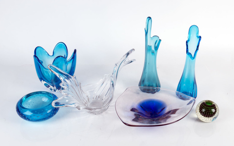 Seven assorted blue, green and clear coloured Murano glass vases and bowls, circa 1950s and 1960s, the tallest 29cm high