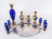 Murano glass decanter drinks set, 3 Murano glass vases and a silver plated tray, 20th century, the decanter 34cm high