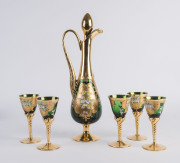 Italian Murano green glass decanter and five glasses with gilt overlay, mid 20th century, the decanter 37cm high