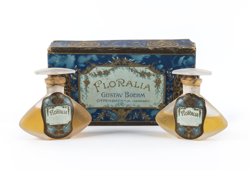 FLORALIA Gustav Boehm pair of perfume bottles, sealed with original perfume and original box, made in Germany, early 20th century, bottles 7cm high