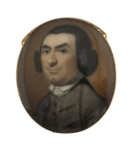 An English 18th century miniature portrait of a gent painted on ivory in fine gold mount, 3.5 x 3cm